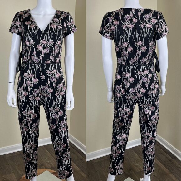 JS Collections Women's Size 6 Floral Embroidered Printed Crepe V-Neck Jumpsuit - Picture 1 of 16